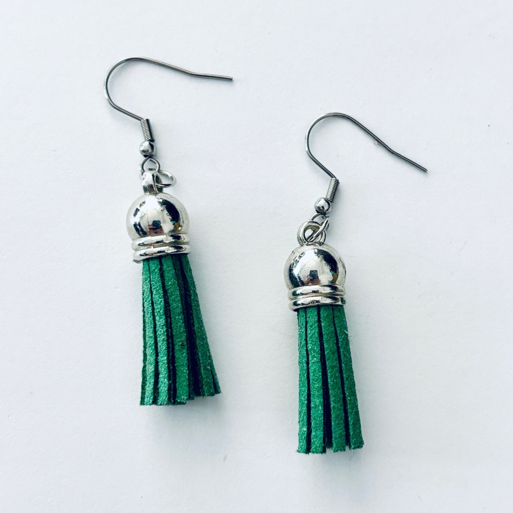 Green Tassel Earrings with Silver Accents